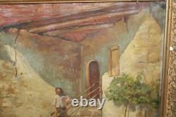 Ancienne huile sur papier, village, ferme, paysan, époque 19ème