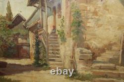 Ancienne huile sur papier, village, ferme, paysan, époque 19ème