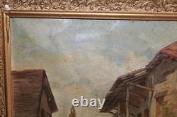 Ancienne huile sur papier, village, ferme, paysan, époque 19ème