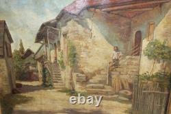 Ancienne huile sur papier, village, ferme, paysan, époque 19ème