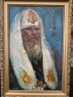 Ancienne huile sur toile Alexis II de Moscou Russie Icone orthodoxe Russe