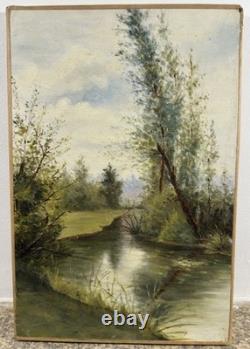 Ancienne huile sur toile Ecole Française XIXe XXe Barbizon paysage lacustre