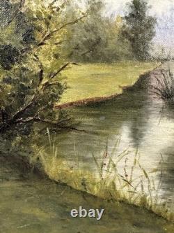 Ancienne huile sur toile Ecole Française XIXe XXe Barbizon paysage lacustre