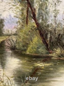 Ancienne huile sur toile Ecole Française XIXe XXe Barbizon paysage lacustre