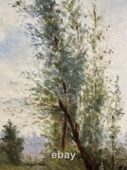 Ancienne huile sur toile Ecole Française XIXe XXe Barbizon paysage lacustre