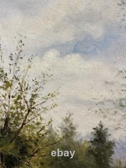 Ancienne huile sur toile Ecole Française XIXe XXe Barbizon paysage lacustre