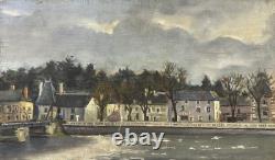 Ancienne huile sur toile Ecole Française XIXe XXe canal en bord de Loire