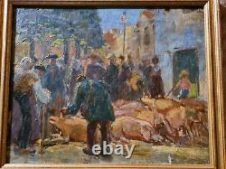 Ancienne huile sur toile. Foire aux Cochons de Champigny-Sur-Marne 19ème