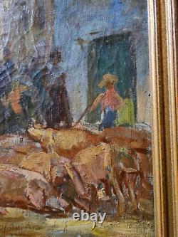 Ancienne huile sur toile. Foire aux Cochons de Champigny-Sur-Marne 19ème