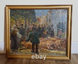 Ancienne huile sur toile. Foire aux Cochons de Champigny-Sur-Marne 19ème