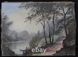 Ancienne huile sur toile Paysage Lacustre Barbizon signée ecole francaise