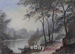 Ancienne huile sur toile Paysage Lacustre Barbizon signée ecole francaise