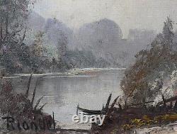 Ancienne huile sur toile Paysage Lacustre Barbizon signée ecole francaise