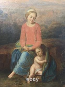 Ancienne huile sur toile Vierge et l'enfant Jésus probable rentoilage ancien