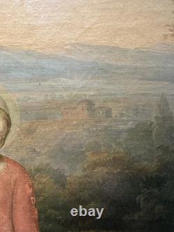 Ancienne huile sur toile Vierge et l'enfant Jésus probable rentoilage ancien
