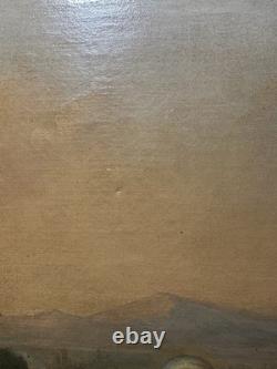 Ancienne huile sur toile Vierge et l'enfant Jésus probable rentoilage ancien