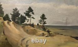 Ancienne huile sur toile XIXe Bord de mer dans les Landes ou le Pays-Basque