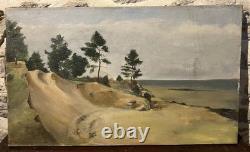 Ancienne huile sur toile XIXe Bord de mer dans les Landes ou le Pays-Basque