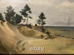Ancienne huile sur toile XIXe Bord de mer dans les Landes ou le Pays-Basque