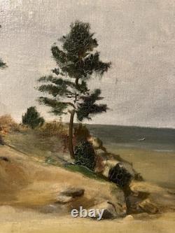 Ancienne huile sur toile XIXe Bord de mer dans les Landes ou le Pays-Basque