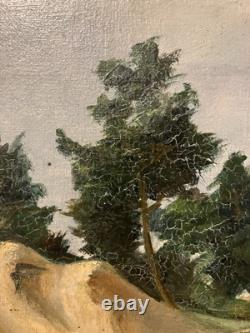 Ancienne huile sur toile XIXe Bord de mer dans les Landes ou le Pays-Basque