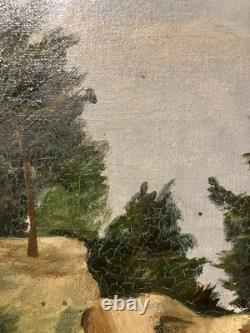 Ancienne huile sur toile XIXe Bord de mer dans les Landes ou le Pays-Basque