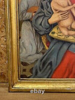 Ancienne huile sur toile, cadre doré, vierge a l enfant, d après hans memling