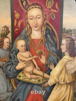 Ancienne huile sur toile, cadre doré, vierge a l enfant, d après hans memling