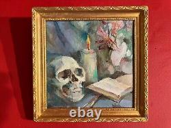Ancienne huile sur toile du XXe siècle, Nature morte, vanité au crâne