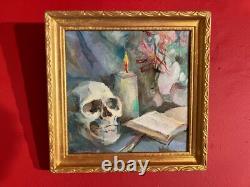 Ancienne huile sur toile du XXe siècle, Nature morte, vanité au crâne