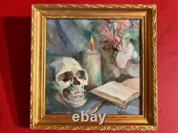 Ancienne huile sur toile du XXe siècle, Nature morte, vanité au crâne