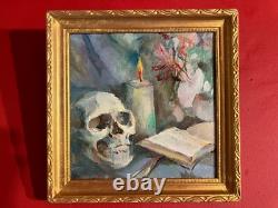 Ancienne huile sur toile du XXe siècle, Nature morte, vanité au crâne