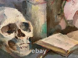 Ancienne huile sur toile du XXe siècle, Nature morte, vanité au crâne
