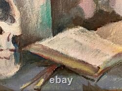 Ancienne huile sur toile du XXe siècle, Nature morte, vanité au crâne