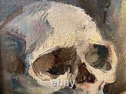Ancienne huile sur toile du XXe siècle, Nature morte, vanité au crâne