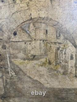 Ancienne huile sur toile étude de village médiéval Ecole Française XIXe XXe