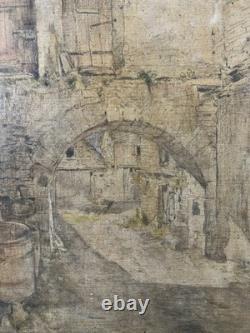 Ancienne huile sur toile étude de village médiéval Ecole Française XIXe XXe