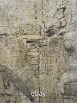 Ancienne huile sur toile étude de village médiéval Ecole Française XIXe XXe