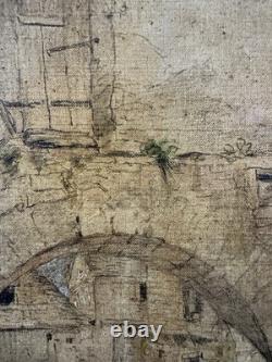 Ancienne huile sur toile étude de village médiéval Ecole Française XIXe XXe