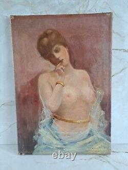 Ancienne huile sur toile femme nue antique oil painting nude woman C1900