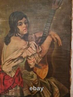 Ancienne huile sur toile, gitane avec sa guitare, signée