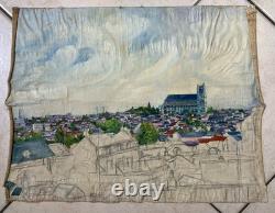 Ancienne huile sur toile non montée sur châssis Etude Vue de Bourges circa 1930
