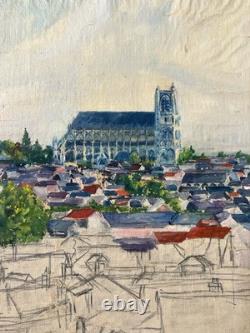 Ancienne huile sur toile non montée sur châssis Etude Vue de Bourges circa 1930