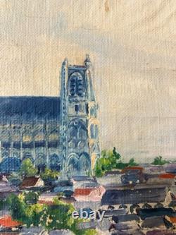 Ancienne huile sur toile non montée sur châssis Etude Vue de Bourges circa 1930
