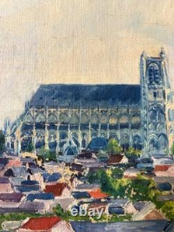 Ancienne huile sur toile non montée sur châssis Etude Vue de Bourges circa 1930