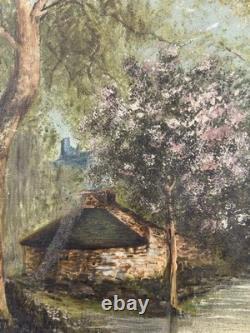 Ancienne huile sur toile paysage du Cantal Molompize Château d'Aurouze Massiac