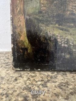 Ancienne huile sur toile paysage du Cantal Molompize Château d'Aurouze Massiac