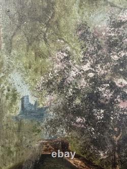 Ancienne huile sur toile paysage du Cantal Molompize Château d'Aurouze Massiac