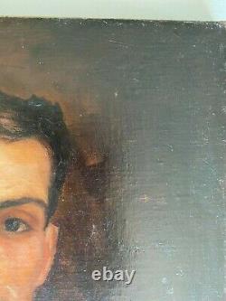 Ancienne huile sur toile portrait d'un jeune homme