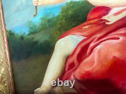 Ancienne huile sur toile représentant une scène mythologique, Dianne Chasseresse